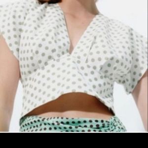Zara Size Small Olive Green and‎ Cream Polka Dot Linen Blend Crop Top